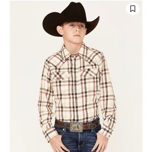 Cody James Boys Plaid Flannel Pearl Snap Shirt Beige Brown Western Pockets Large